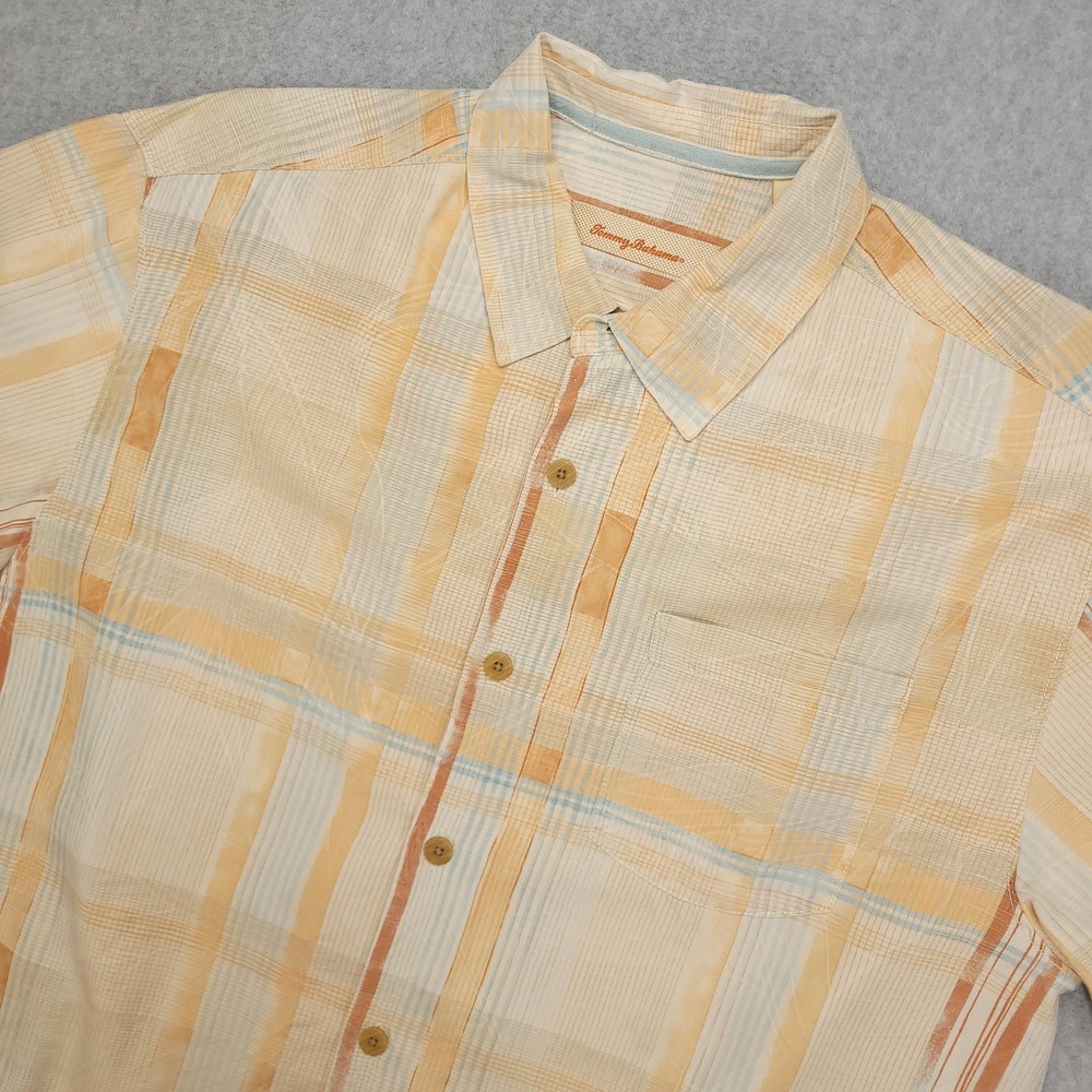 Tommy Bahama Shirt‎ Mens Large Orange Plaid 100% Silk Short Sleeve Camp